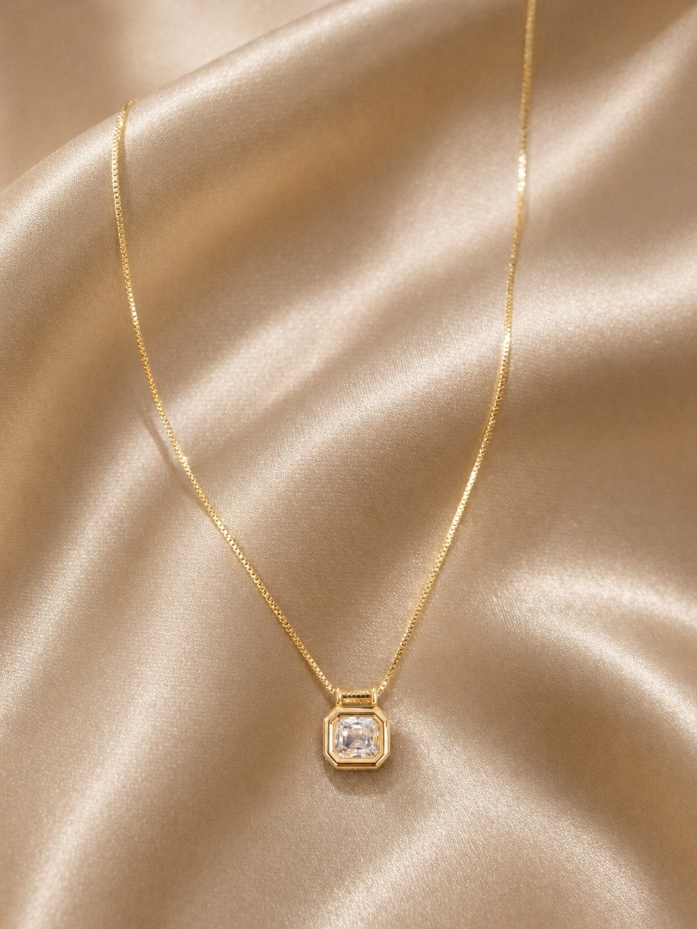 Gold Square CZ Pendant Necklace  Dainty
